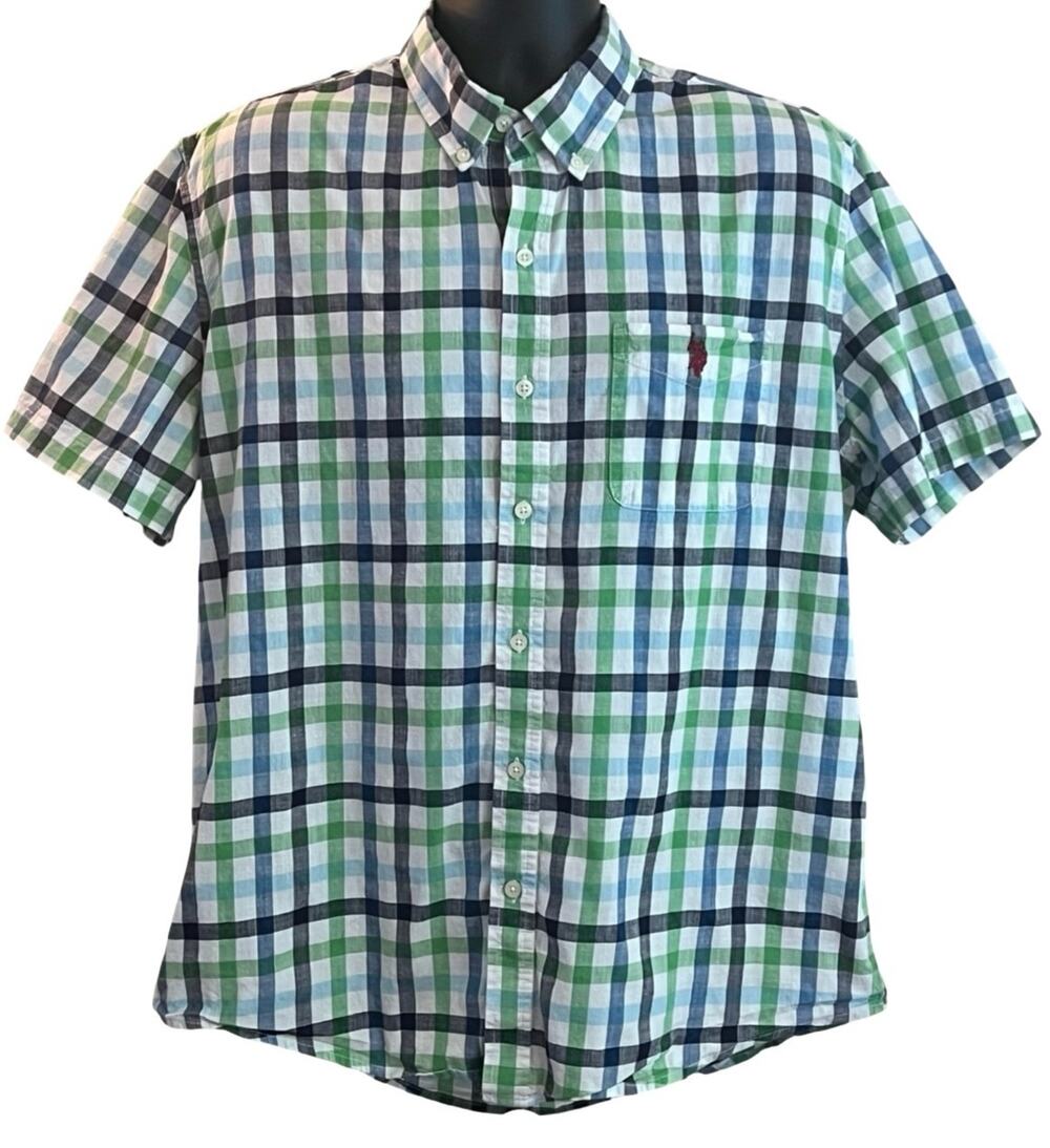 US Polo Assn Men's Blue/Green Plaid Stretch Short-Sleeved Button Down Shirt, XL